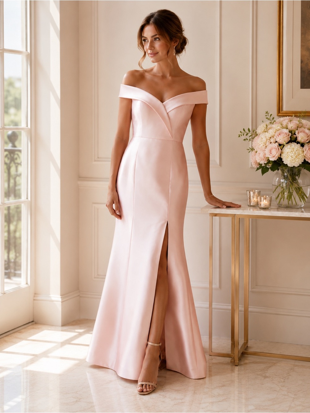 Alfred Sung D760 Off the Shoulder Trumpet Gown Blush